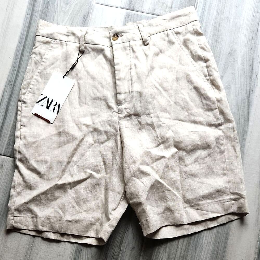 NWT Zara Women's High Waist Tan Linen Shorts Size Small 29" Waist